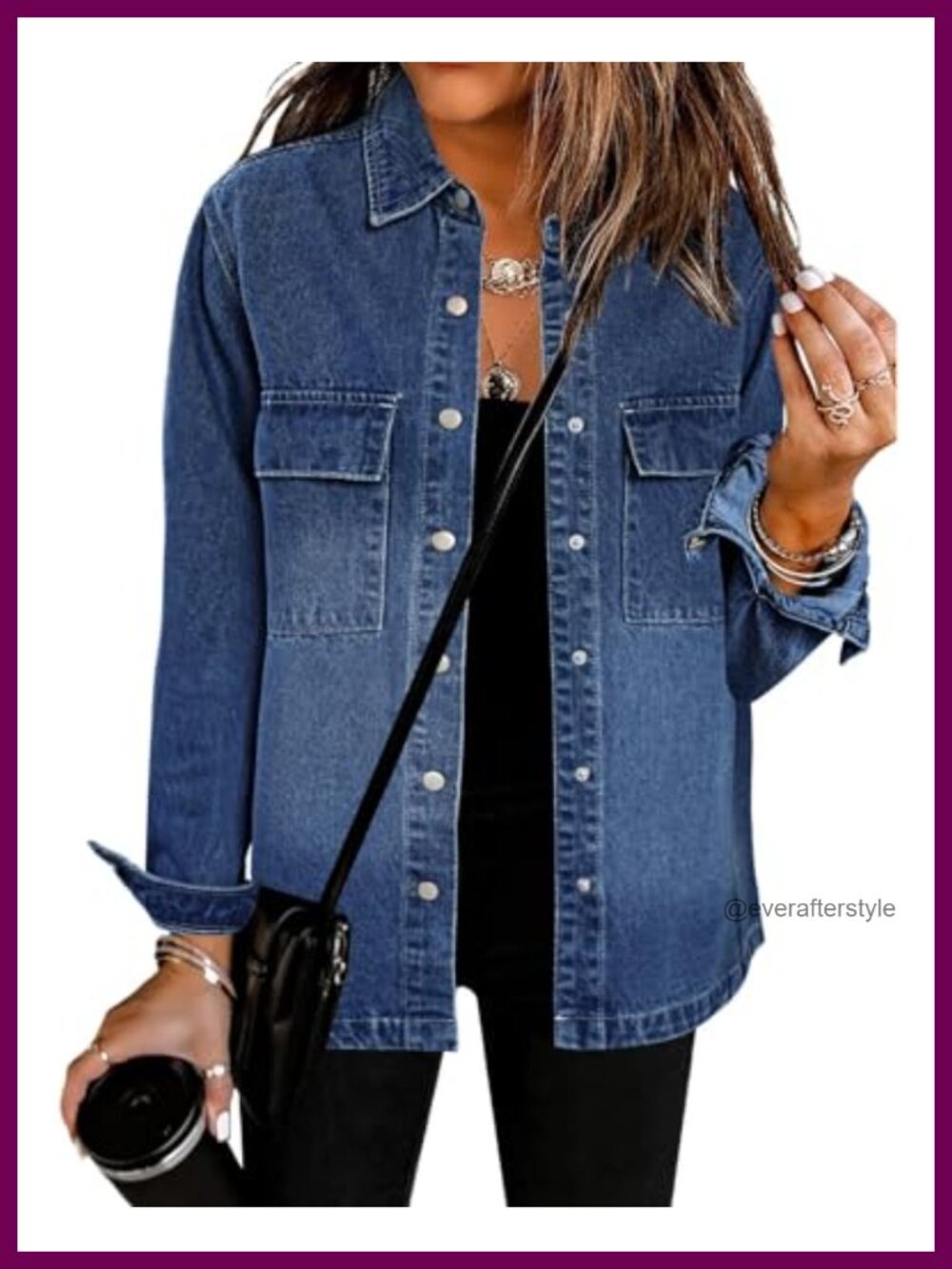 Oversized Button Down Denim Jacket Western Shacket with Pockets